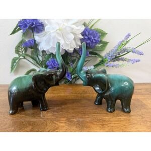 Vintage Blue Mountain Pottery Elephant Figurines Canadian‎ Art Green Drip Glaze